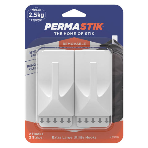 Permastik Extra Large Utility Hooks - 2 Pack White Plastic Self-Adhesive