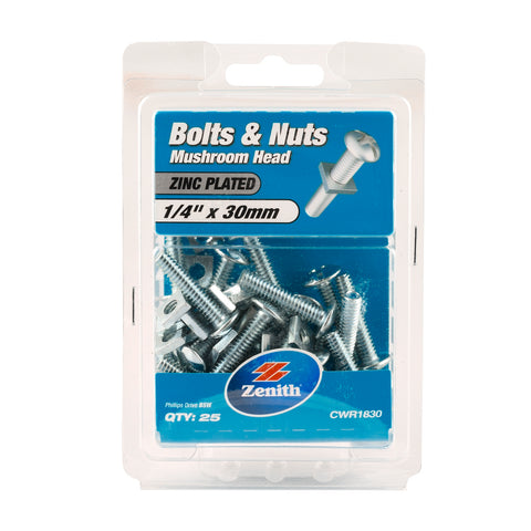 Zenith 1/4" x 30mm Zinc Plated Mushroom Head Bolts and Nuts - 25 Pack