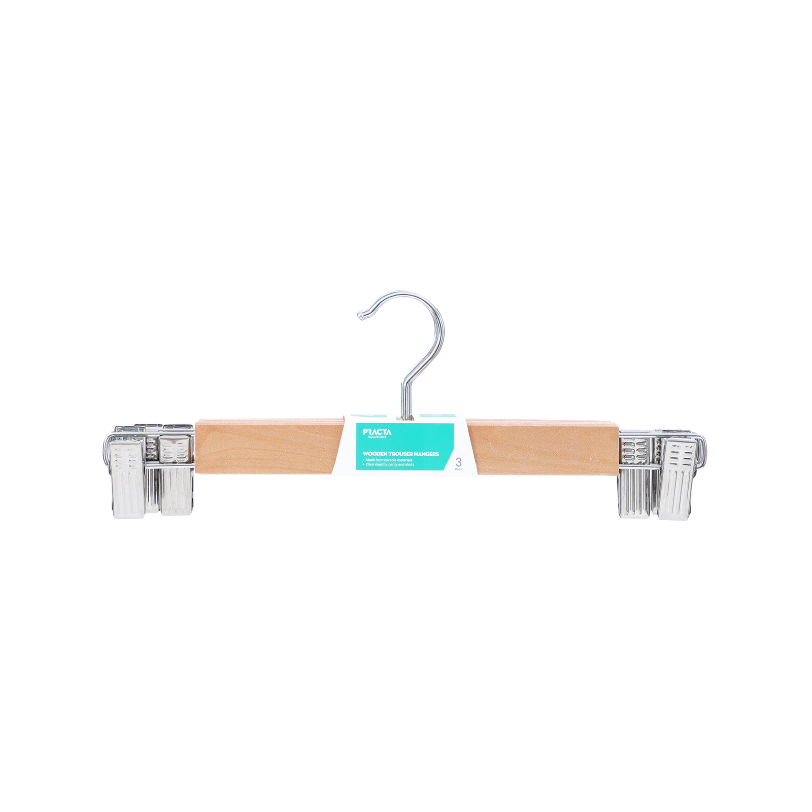 Practa Wooden Clip Clothes Hangers 3 Pack - 330mm Natural Skirt & Trouser Hangers