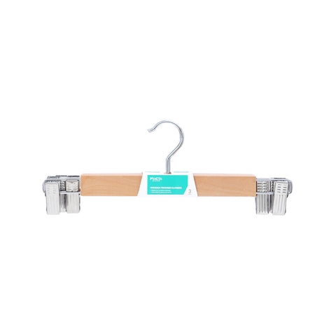 Practa Wooden Clip Clothes Hangers 3 Pack - 330mm Natural Skirt & Trouser Hangers