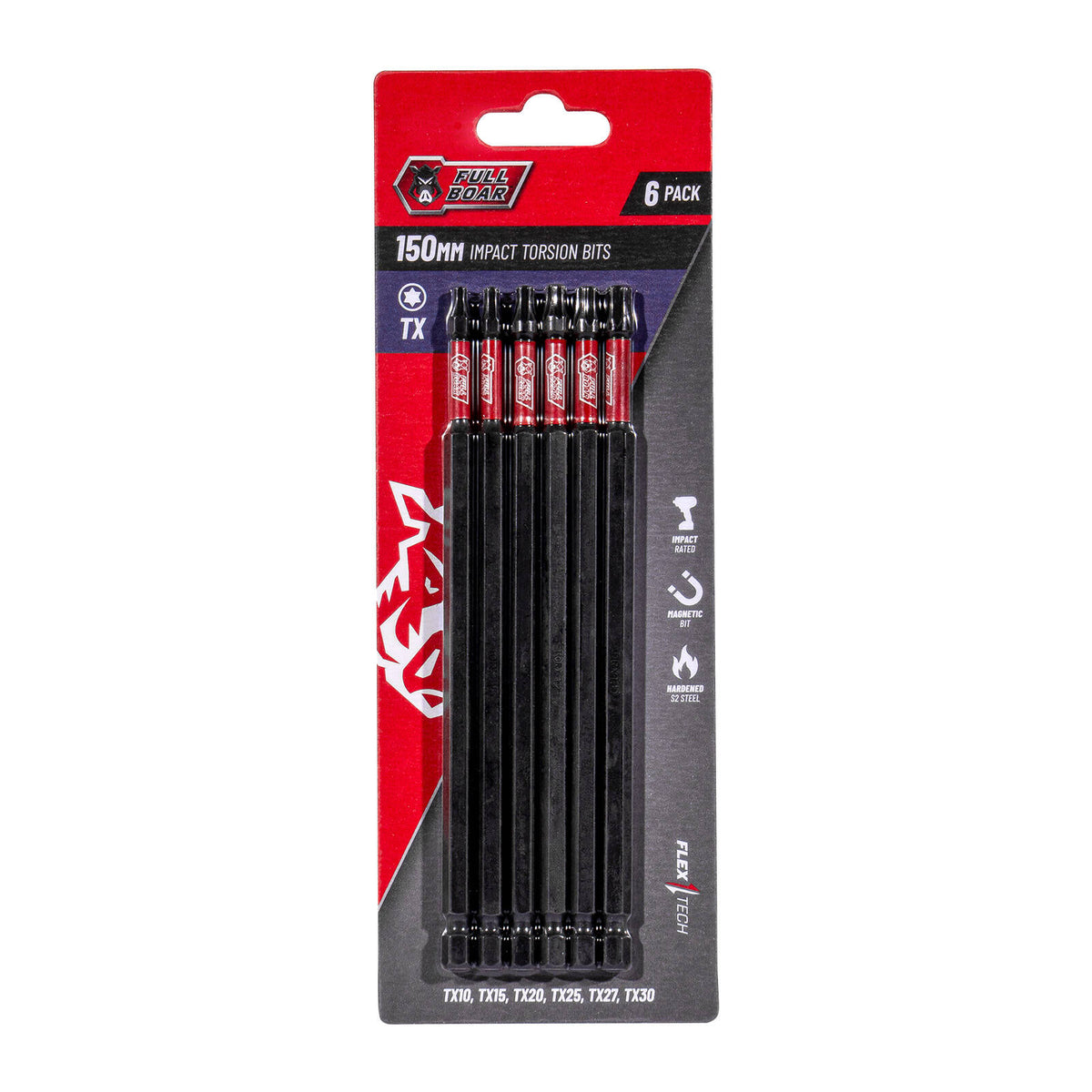 Full Boar TX x 150mm S2 Steel Magnetic Impact Torsion Bits Set 6 Pack
