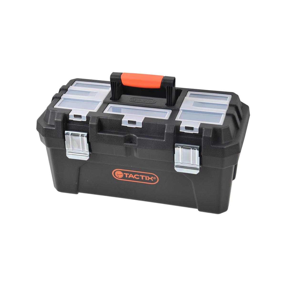 Tactix 507mm Polypropylene Tool Box, Lift-Out Tray, Clear-Lid Compartments, Black and Orange
