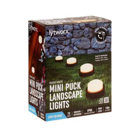 Lytworx Warm White Mini Puck Landscape Lights, 14m, IP65 Weather Resistant, Outdoor - 15 Pack