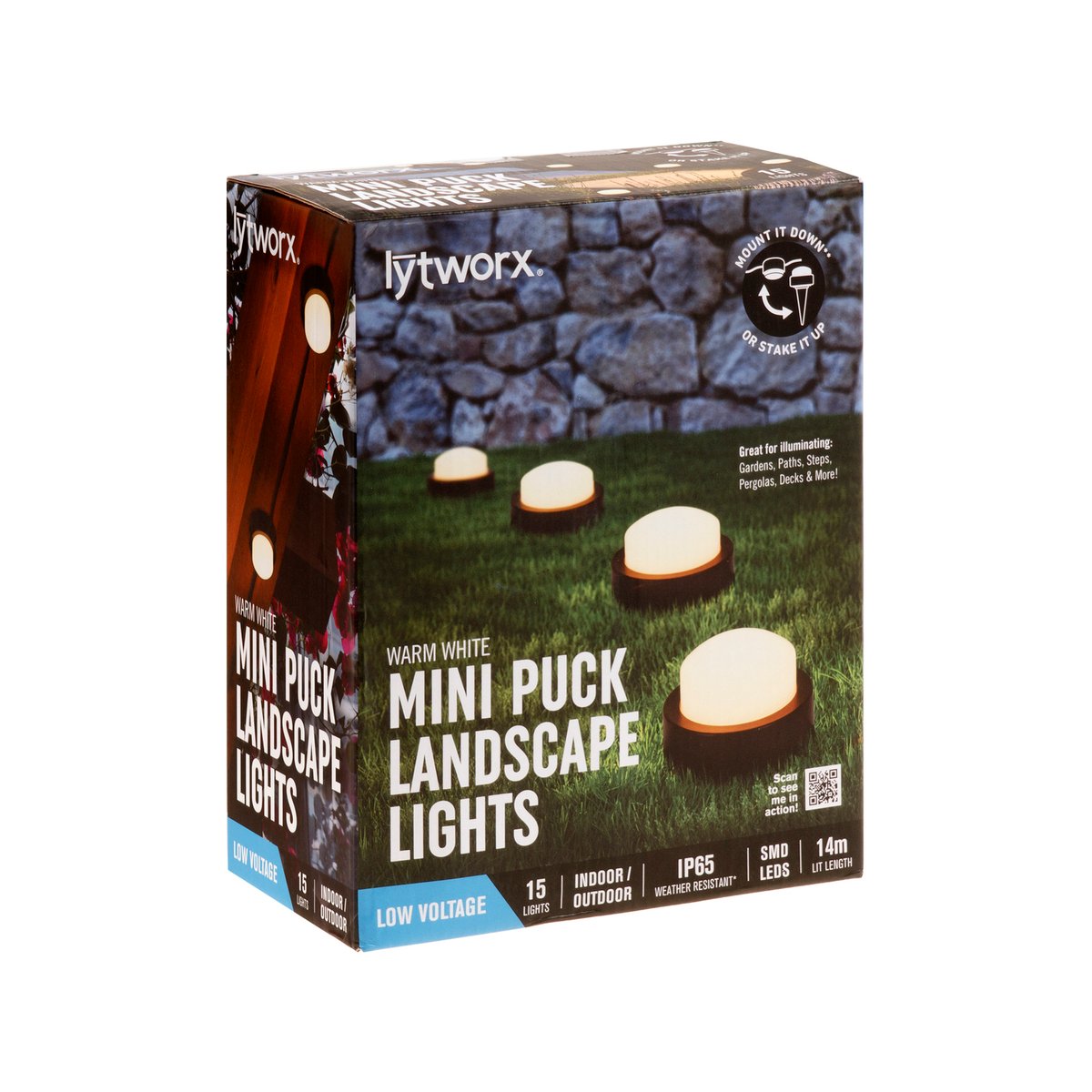 Lytworx Warm White Mini Puck Landscape Lights, 14m, IP65 Weather Resistant, Outdoor - 15 Pack