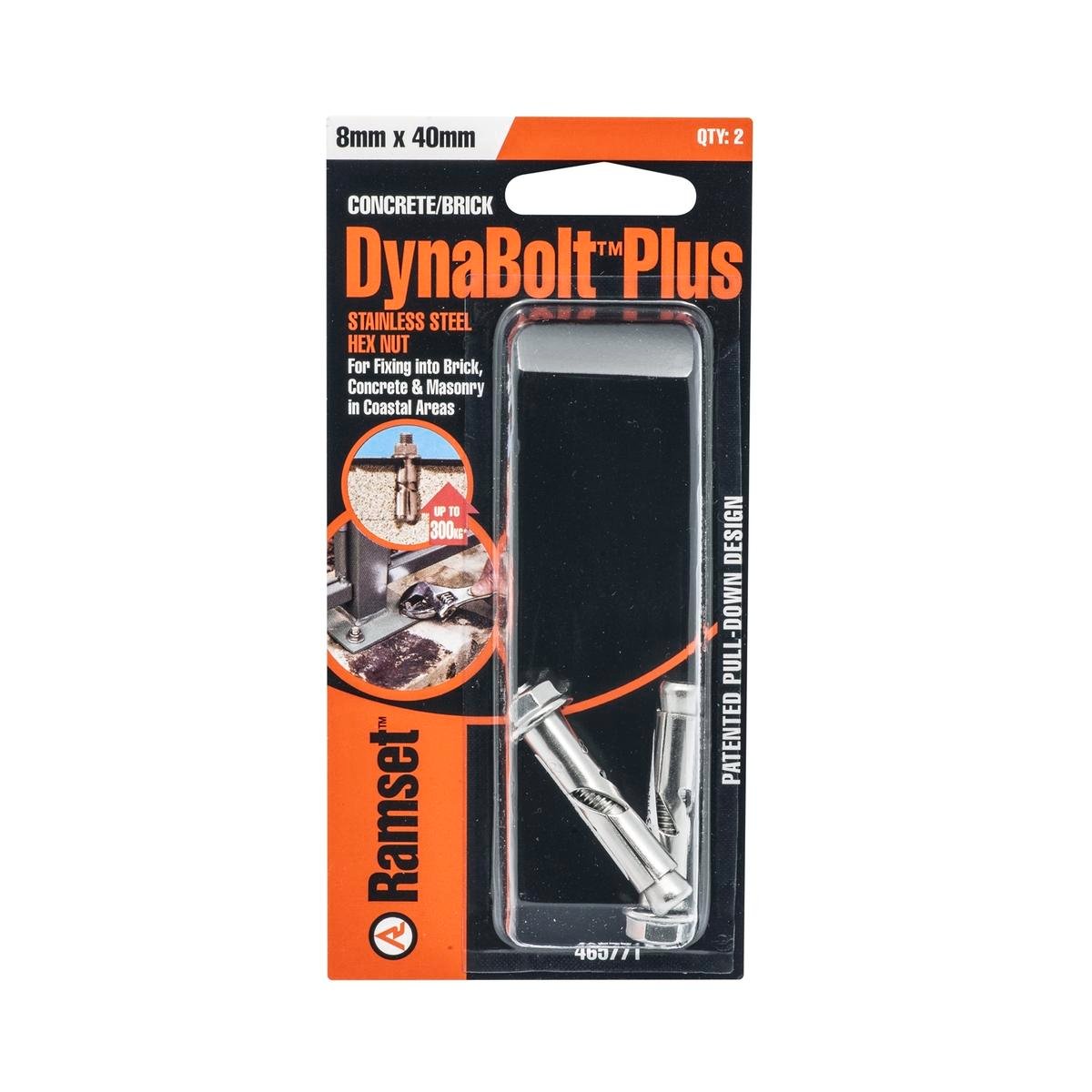 Ramset 8 x 40mm Stainless Steel 316 DynaBolt Plus Hex Nut Bolt - 2 Pack