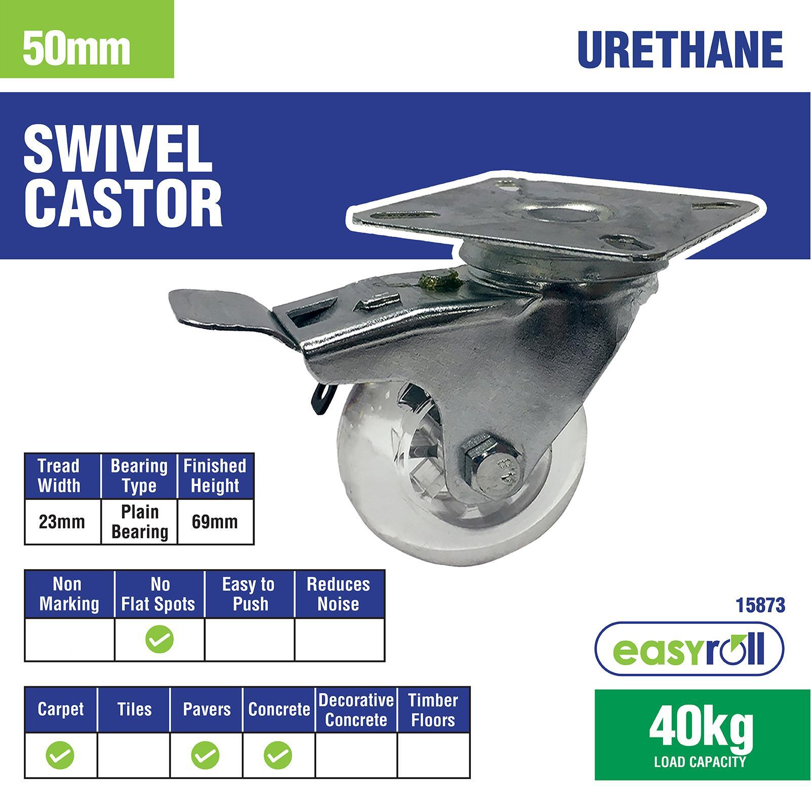 Easyroll 50mm Transparent Polyurethane Swivel Plate and Brake Castor, Indoor, 40kg