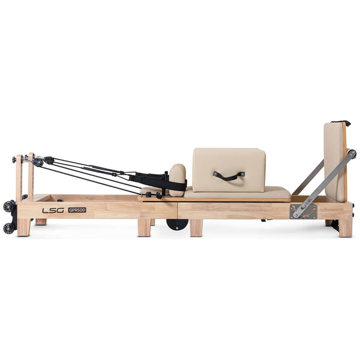 LSG Fitness Foldable Pilates Reformer - Beige, Oak Frame, Adjustable Resistance, Wheels - LGRF-GPR500