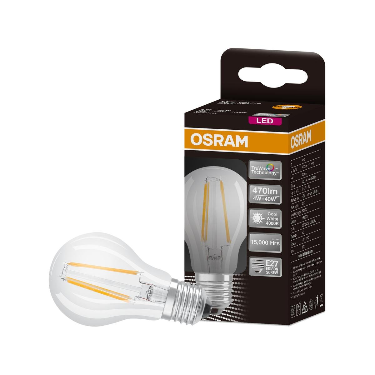 Osram A Shape Filament LED Globe E27 470lm Cool White 4W