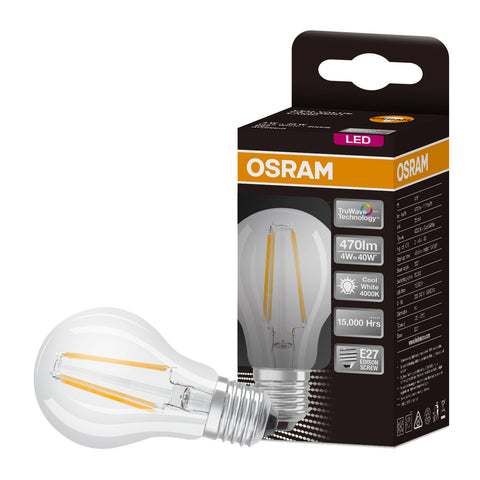 Osram A Shape Filament LED Globe E27 470lm Cool White 4W