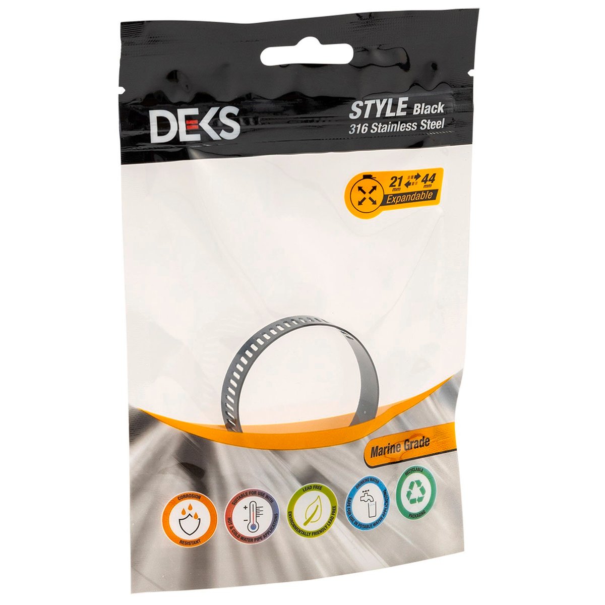 Deks 21-44mm Black 316 Stainless Steel Marine Hose Clamp