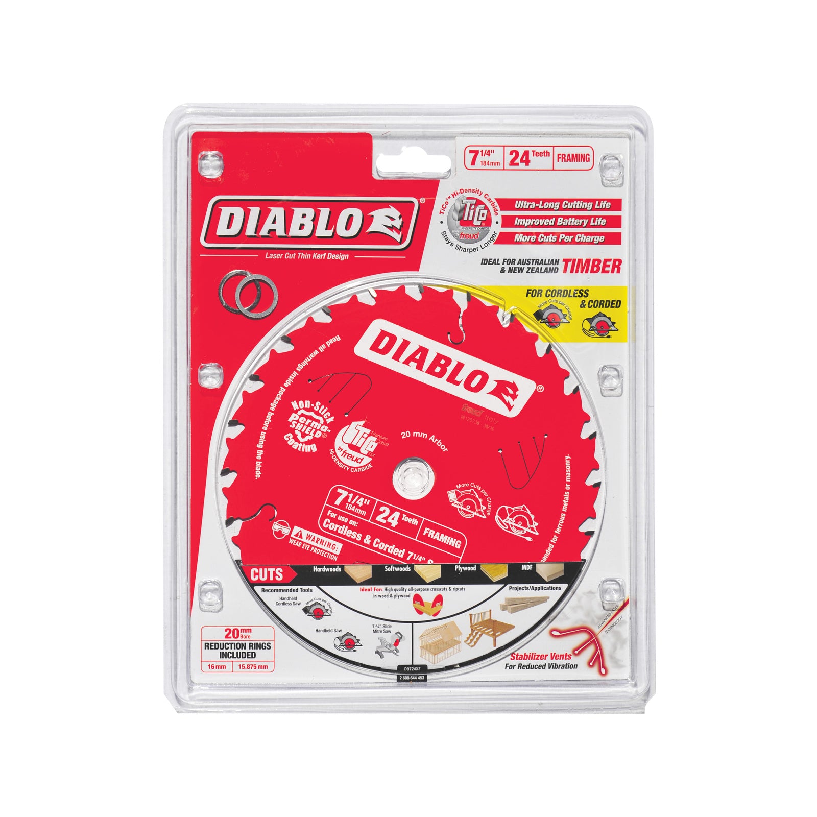 Diablo 184mm 24T Framing Circular Saw Blade - Carbide, 20mm Arbor for Framing & Demolition
