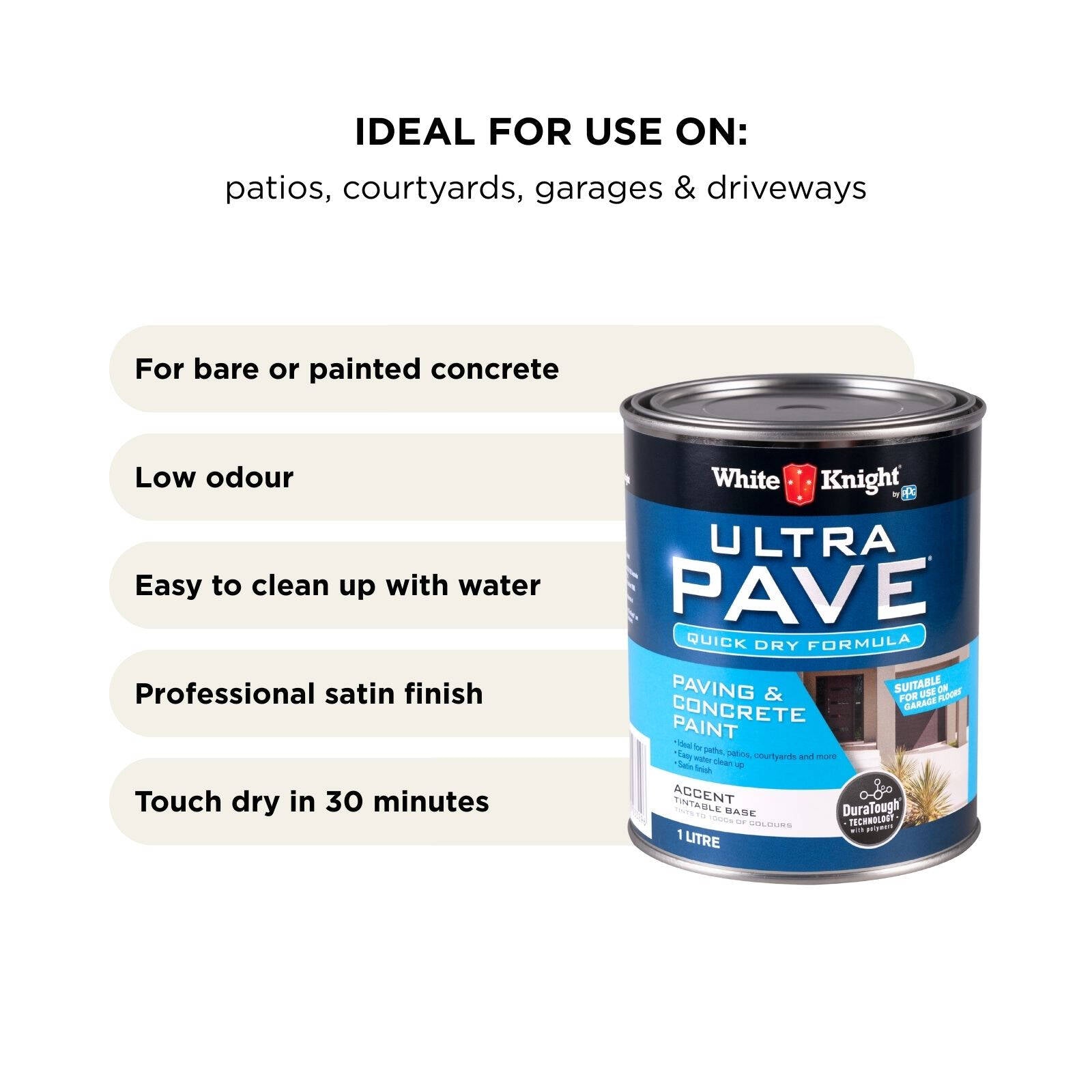 White Knight Ultra Pave 1L Accent Quick Dry Paving & Concrete Paint - Water Based, Tintable, Recoat 2hrs