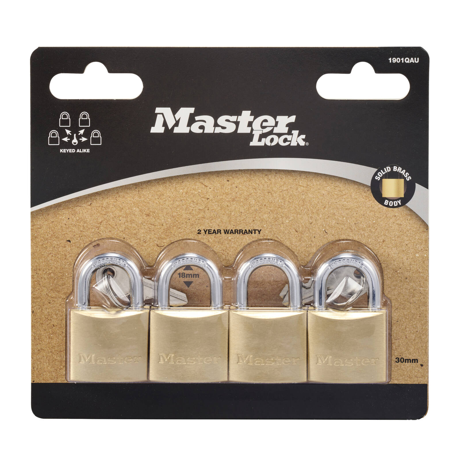 Master Lock 30mm Solid Brass Keyed Padlock - 4 Pack