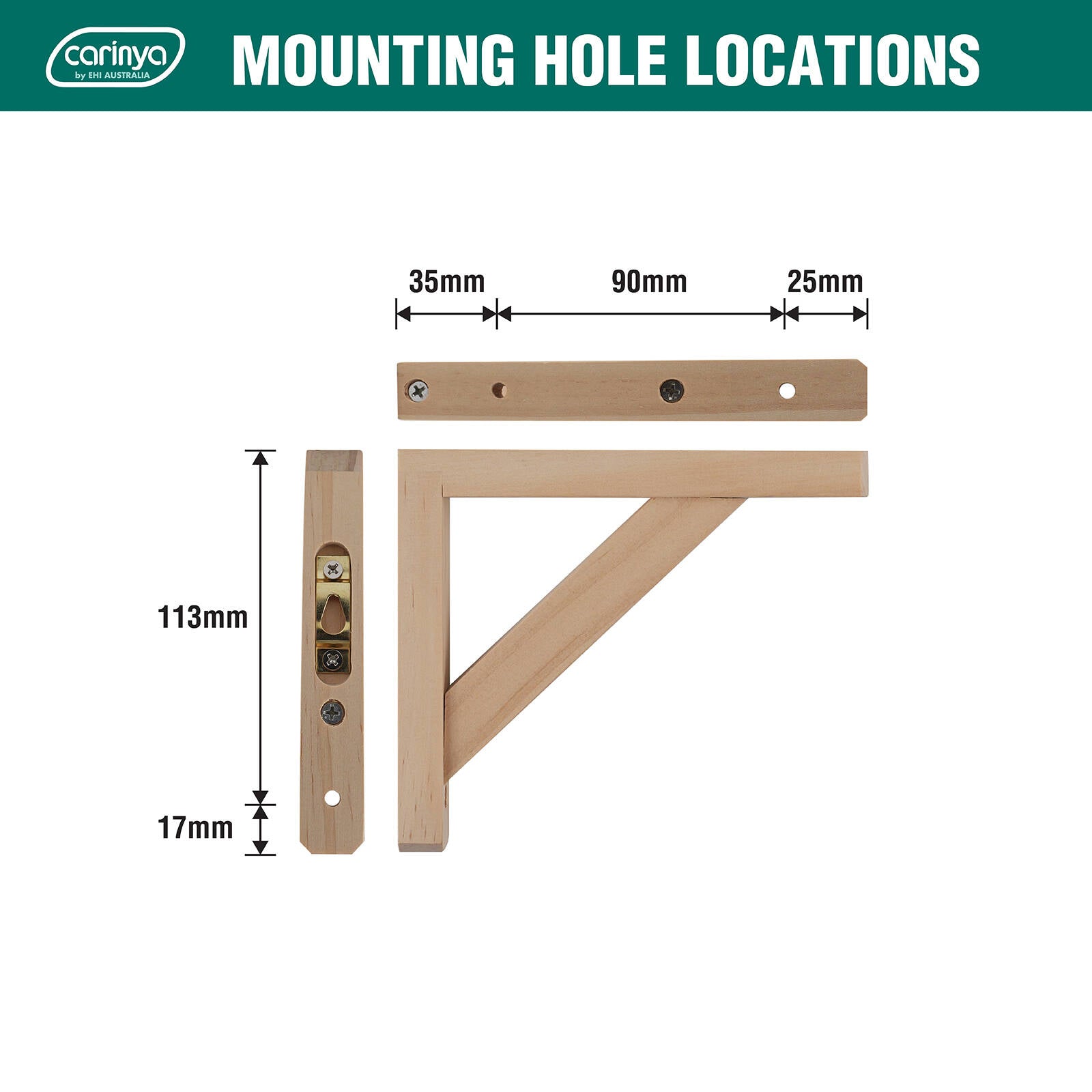 Carinya 150 x 130mm Raw Pine Stayed Bracket Wall Mount 35kg Capacity Indoor