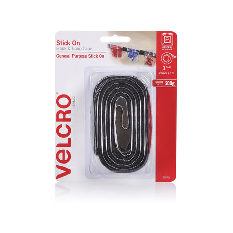 Velcro Brand Stick On Hook and Loop Tape, 25mm x 1m, Black, Indoor