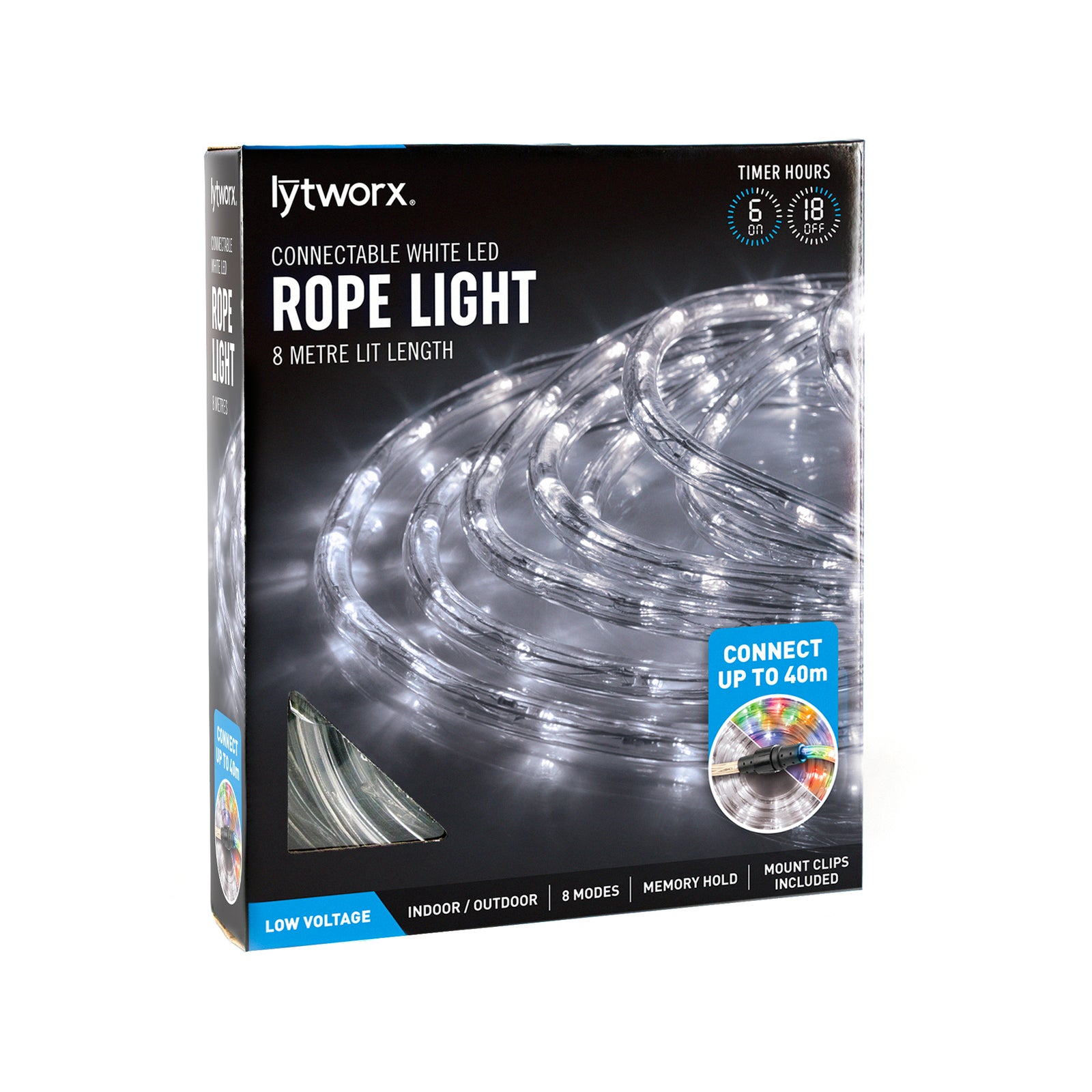 Lytworx 56404 8m White LED Connectable Rope Light with Timer - IP44 - Low Voltage