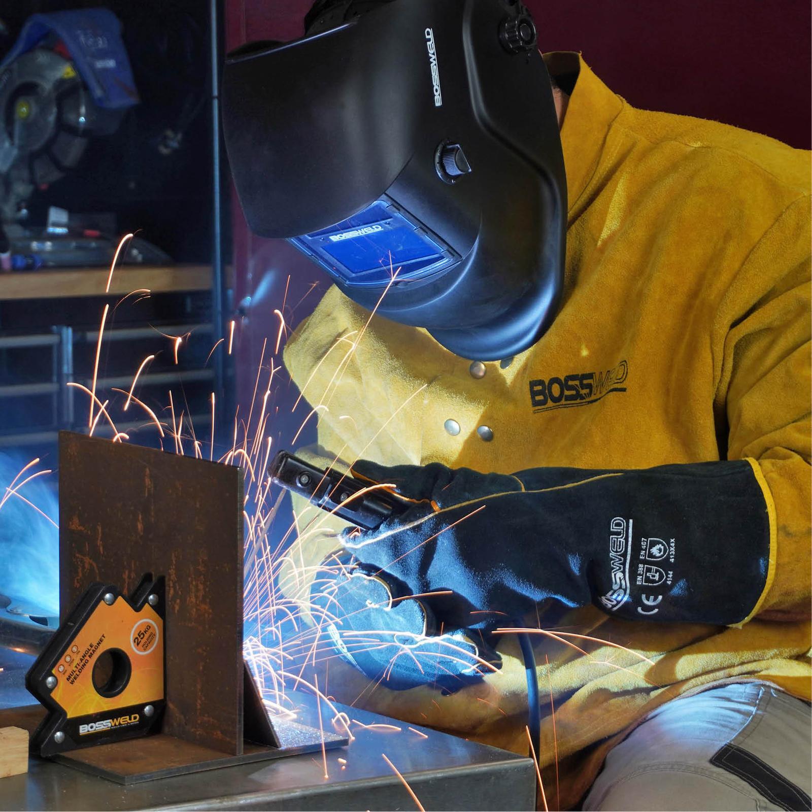 Bossweld 16 Inch Black and Gold Welding Gloves - Lined Split Leather Gauntlet Pair