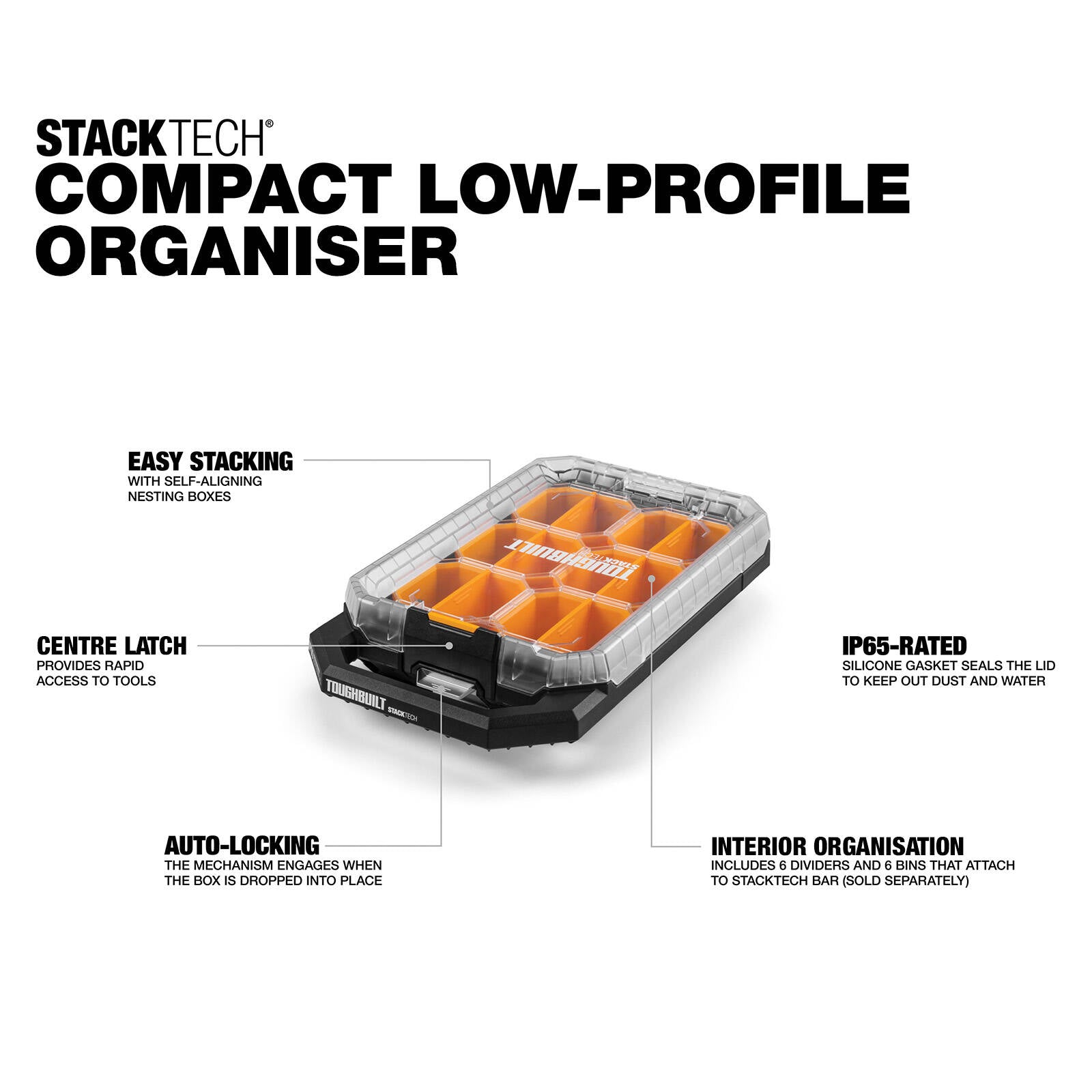 ToughBuilt StackTech Compact Low-Profile Organiser - See-Through Small Parts Storage