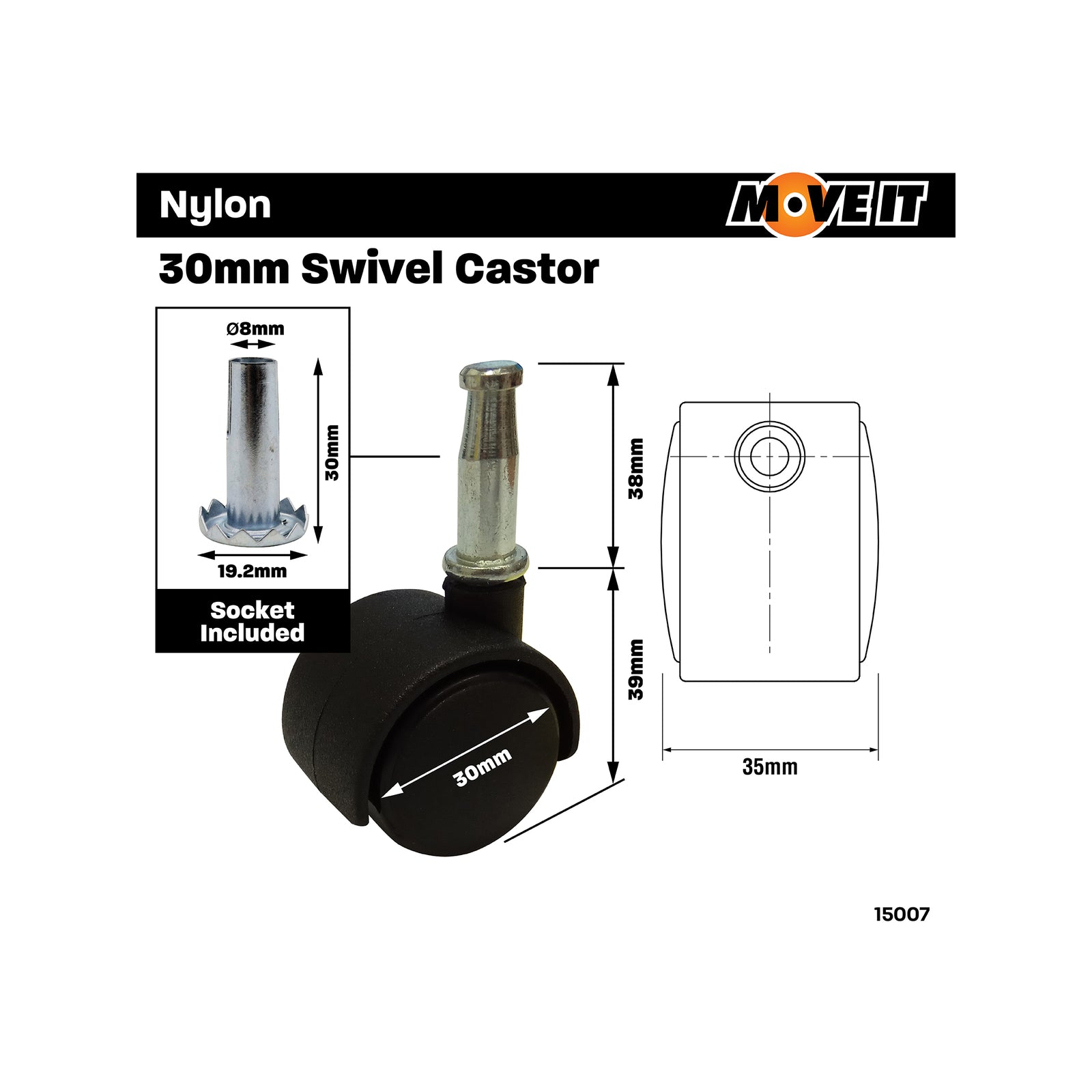Move It 30mm Hooded Socket Furniture Castor, Nylon Twin Wheel Swivel, 30kg - 2 Pack