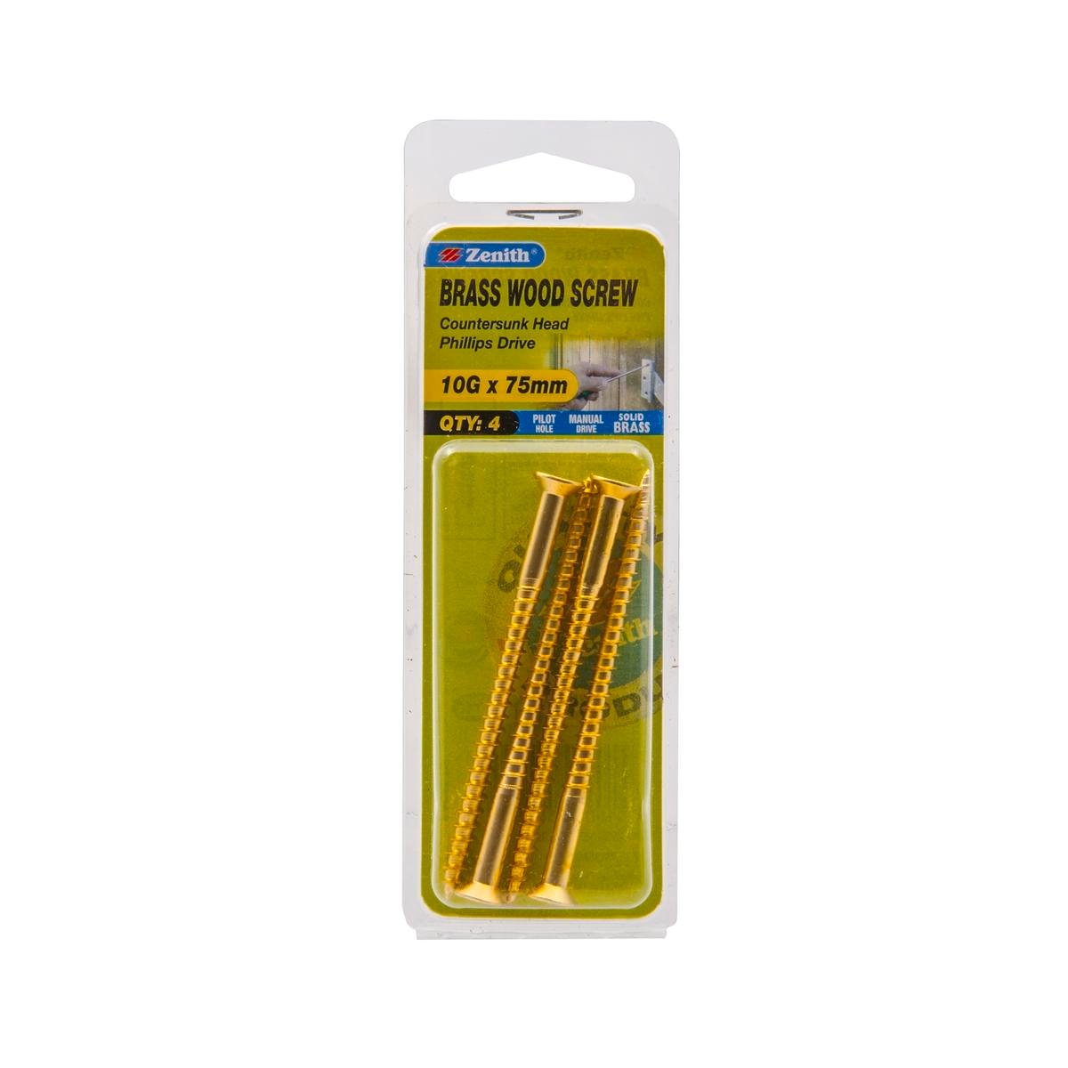 Zenith 10G x 75mm Solid Brass Countersunk Head Wood Screws, Needle Point, 4 Pack