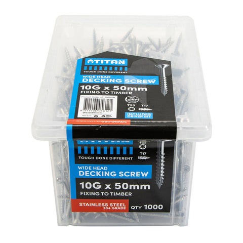 Titan Wide Head Decking Screws 10G x 50mm 304 Stainless Steel - Pack of 1000