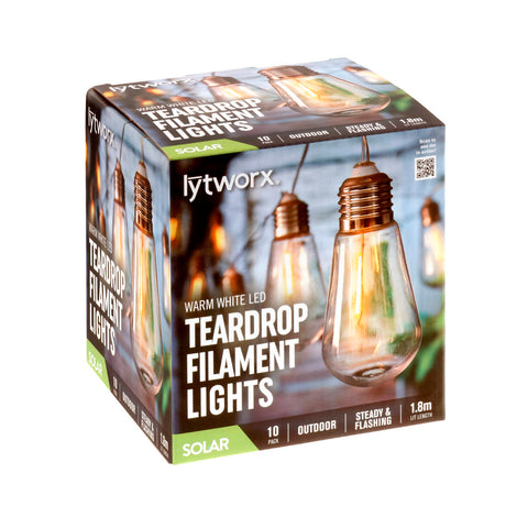 Lytworx Warm White Solar Teardrop Filament Lights, 1.8m, Indoor/Outdoor - 10 Pack