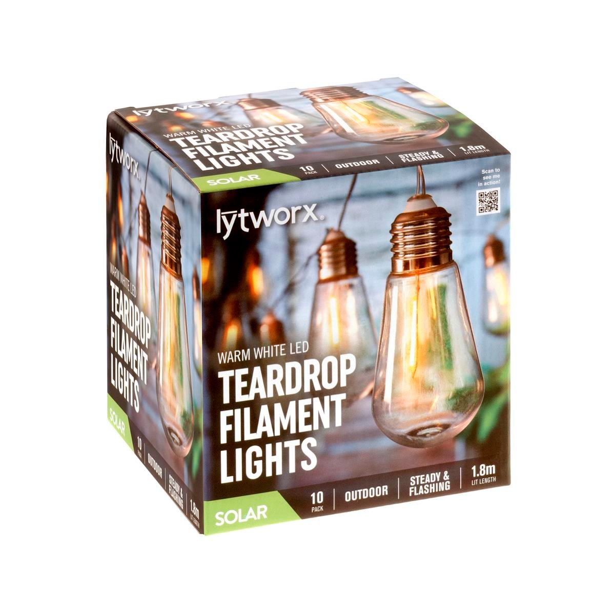 Lytworx Warm White Solar Teardrop Filament Lights, 1.8m, Indoor/Outdoor - 10 Pack