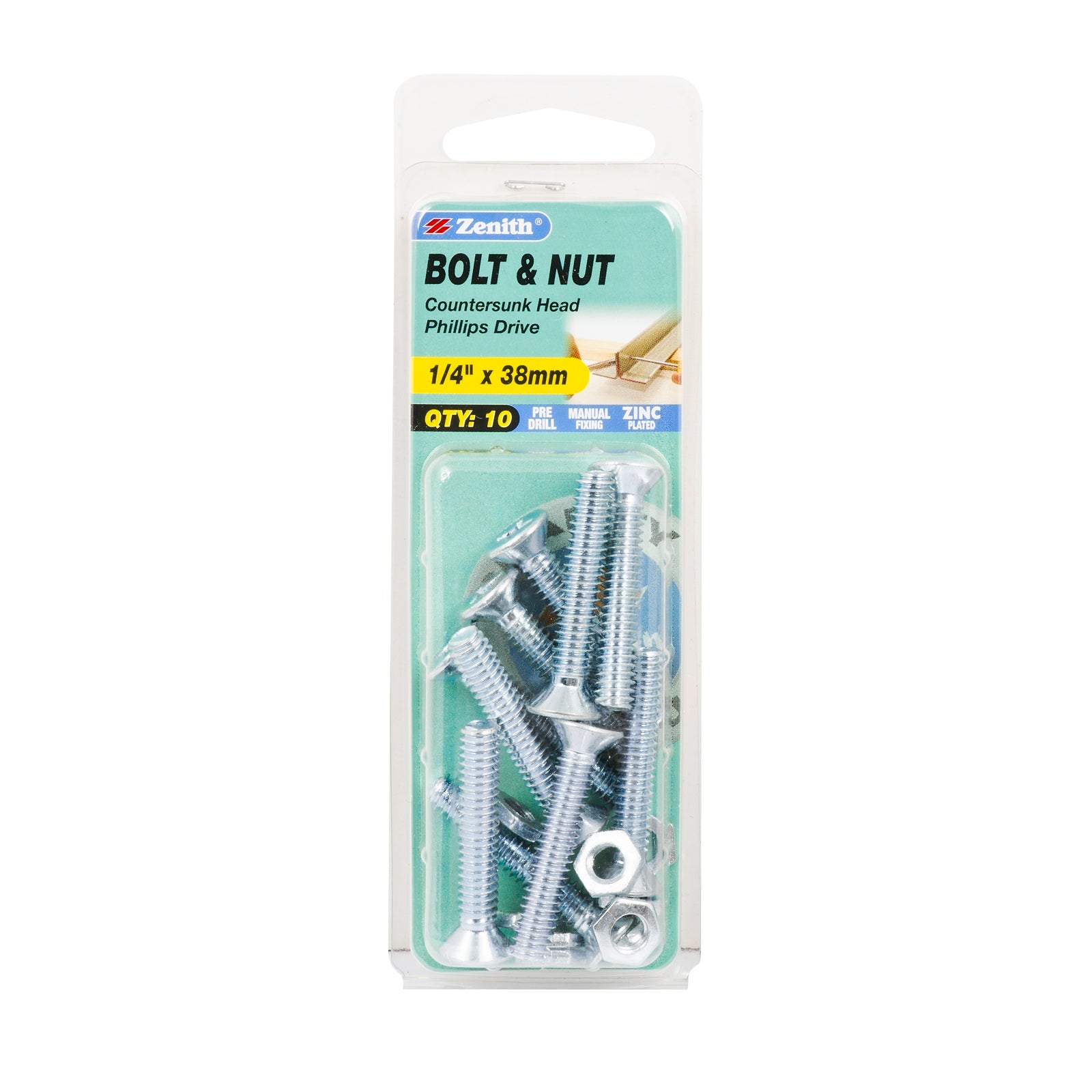Zenith 1/4" x 38mm Zinc Plated Countersunk Bolt and Nut - Steel, 10 Pack