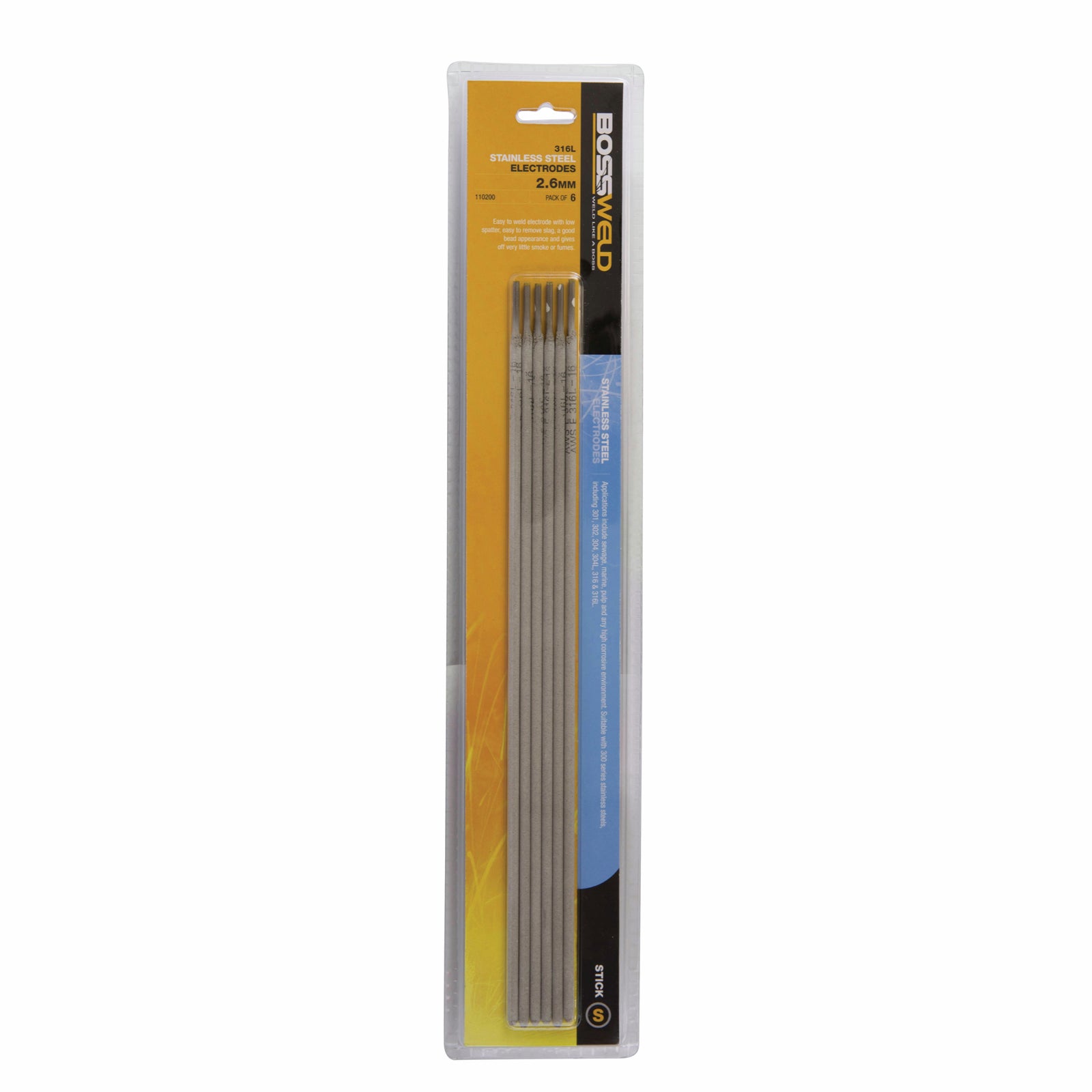 Bossweld 2.6mm 316L-16 Stainless Steel Welding Electrodes - 6 Stick Pack