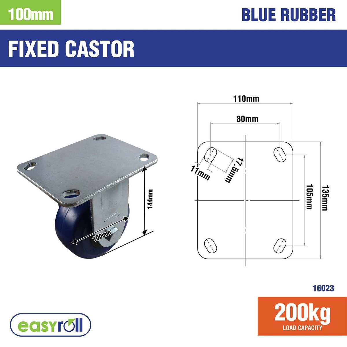 Easyroll 100mm Blue Elastic Rubber Fixed Plate Castor