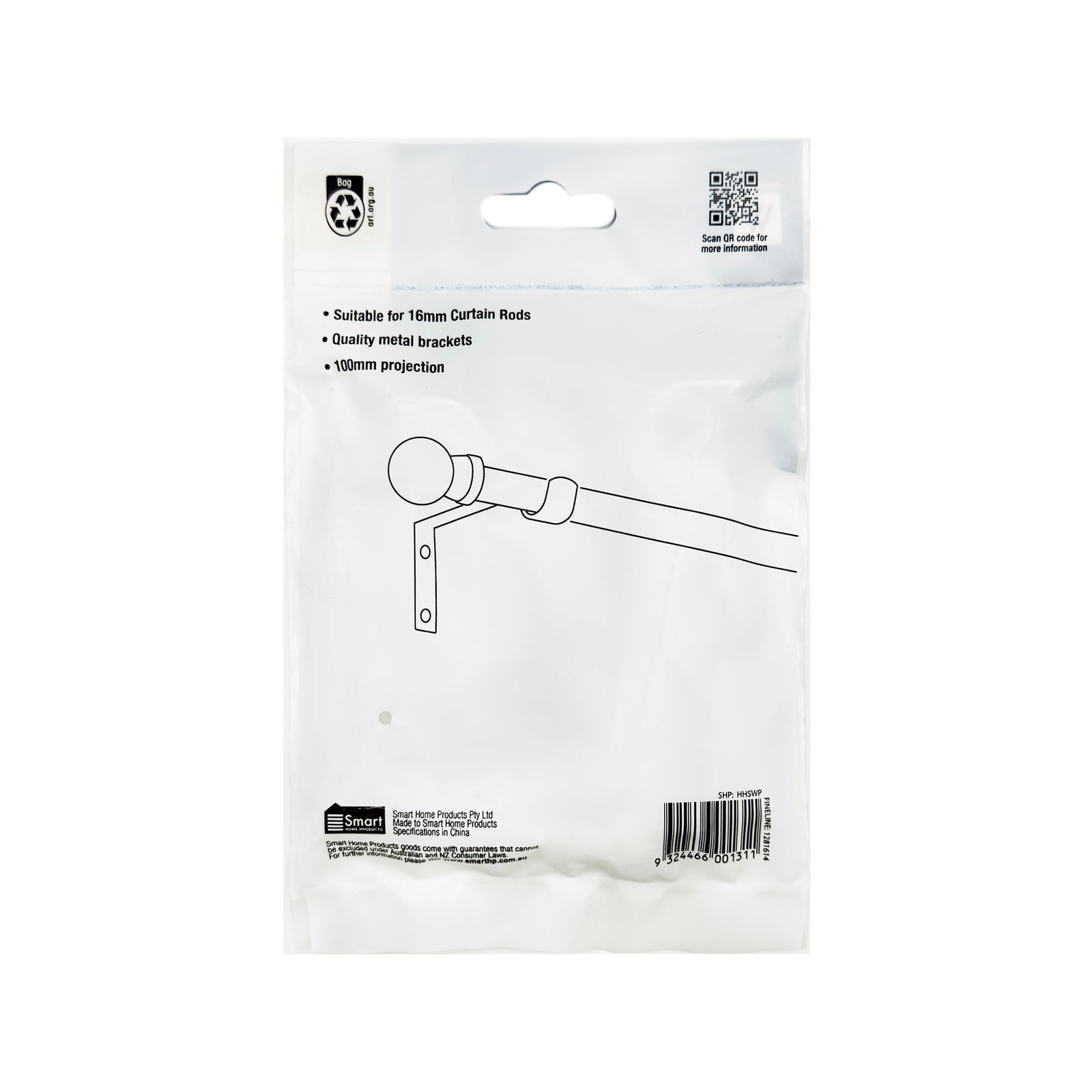 Windoware 100mm White Metal Single Curtain Unstayed Bracket - 2 Pack