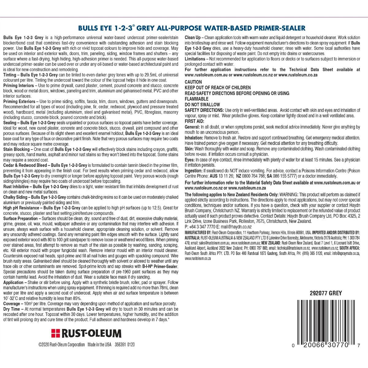 Zinsser Bulls Eye 1-2-3 Primer Undercoat Sealer Stain Blocker Grey 3.73L