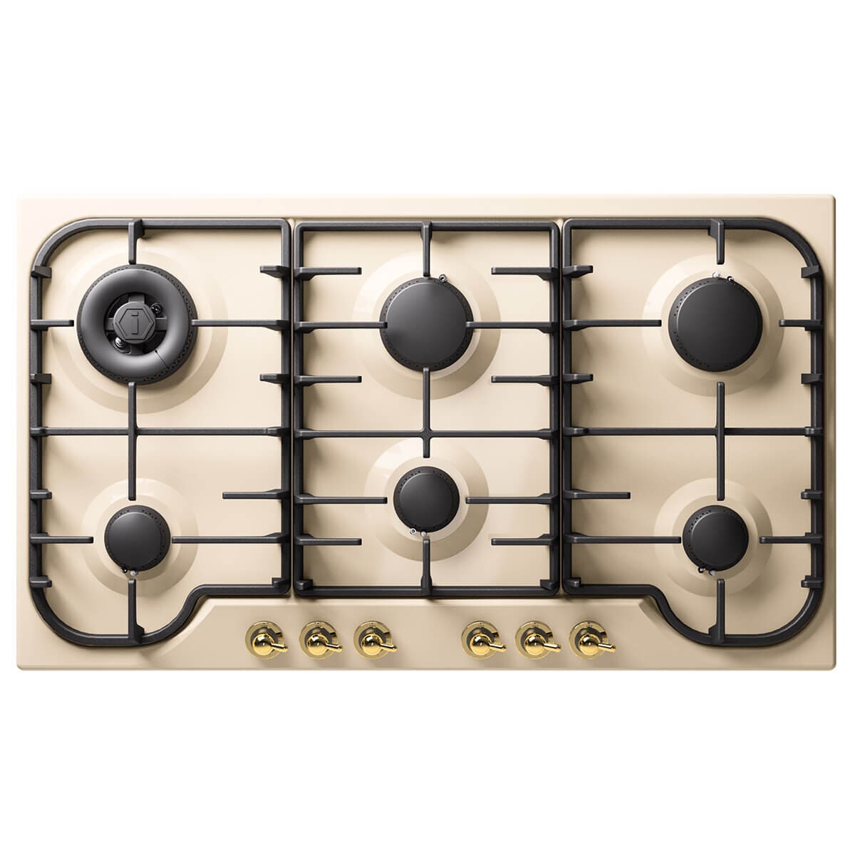 ILVE Nostalgie 86cm Gas Cooktop - Antique White Enamel, Six Burners, Brass Flame Spreaders - HCB906CNAWG