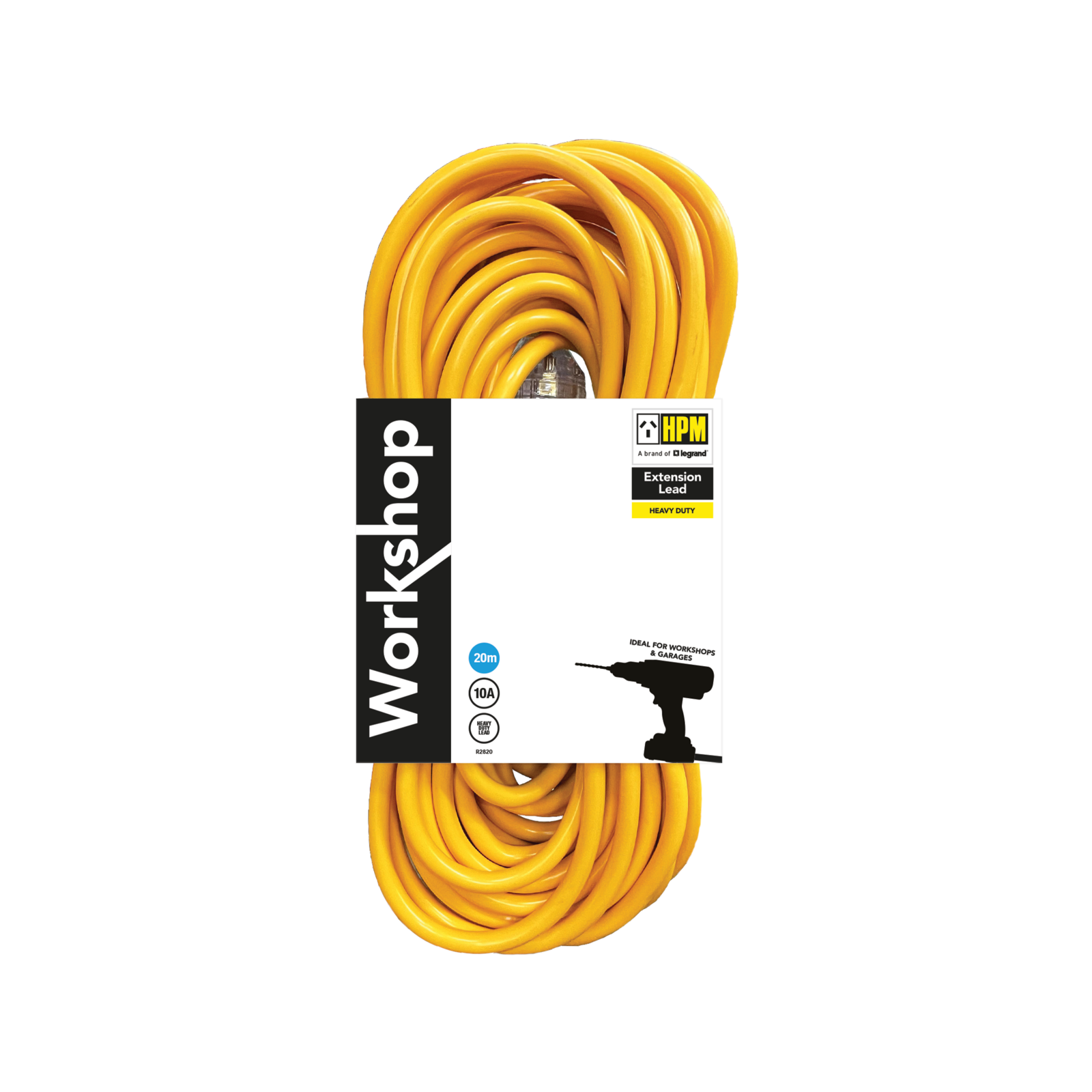 HPM 20m Heavy Duty Workshop Extension Lead, 3 Core 1.0mm 10A 240V Yellow R2820