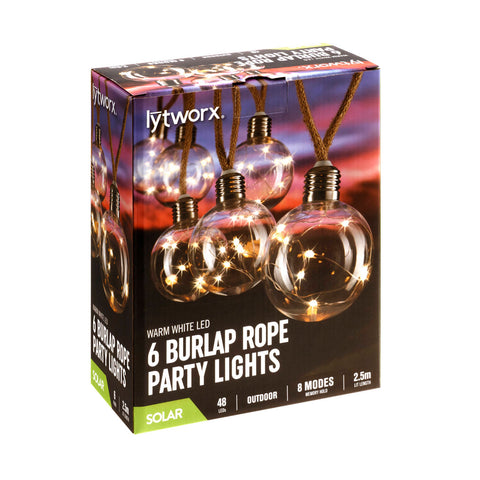 Lytworx Warm White Solar Burlap Rope Lights, 2.5m, 48 LED, Outdoor - 6 Pack