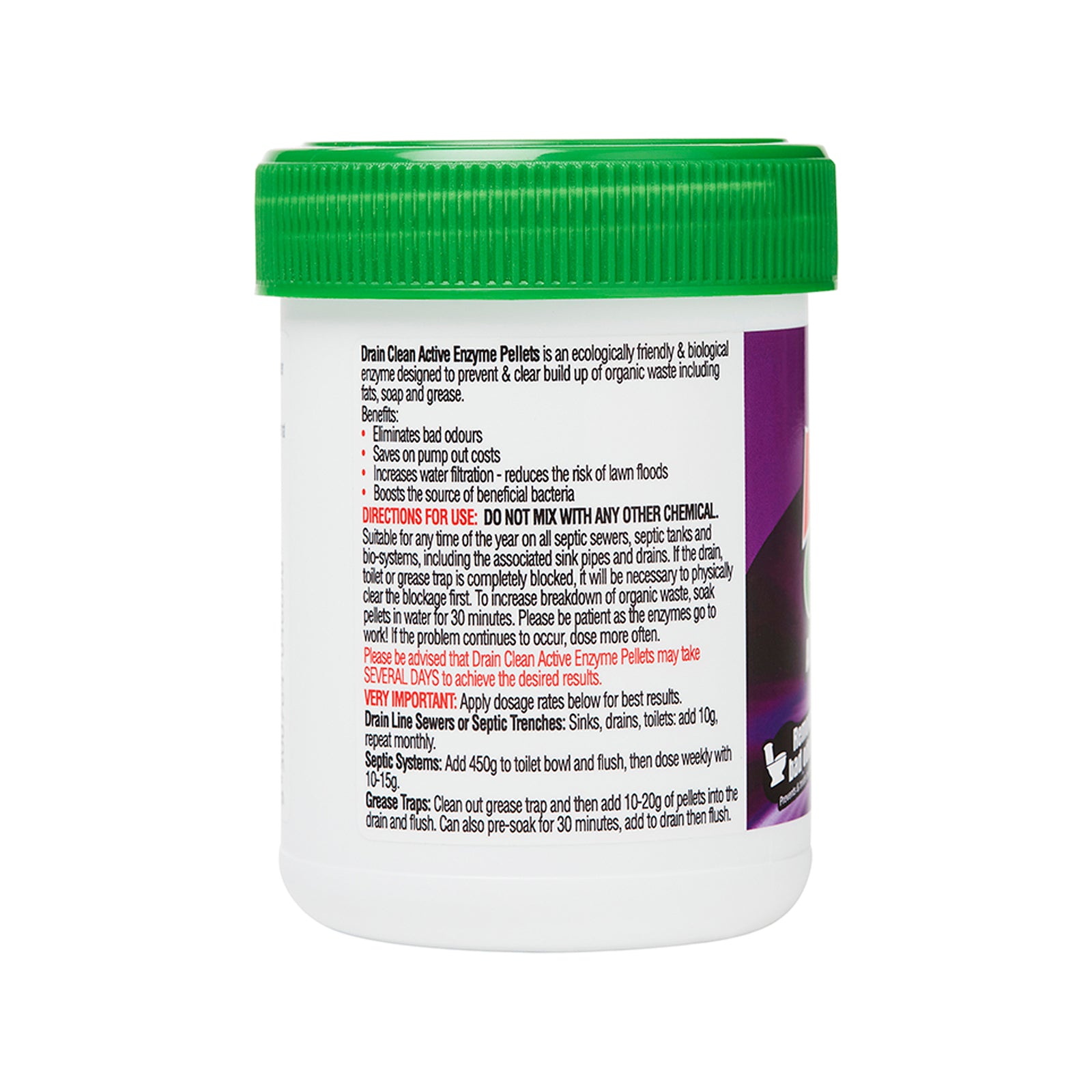 Drain Clean 100g Active Enzyme Pellets, Septic Safe, HDPE Jar