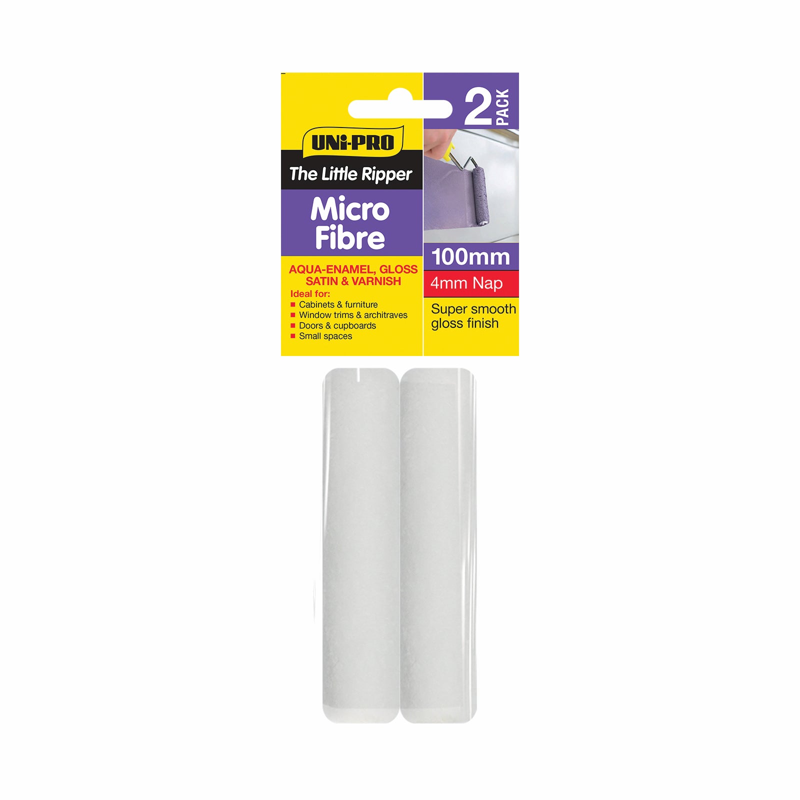 Uni-Pro 100mm Little Ripper Microfibre Mini Roller Covers 4mm Nap - 2 Pack