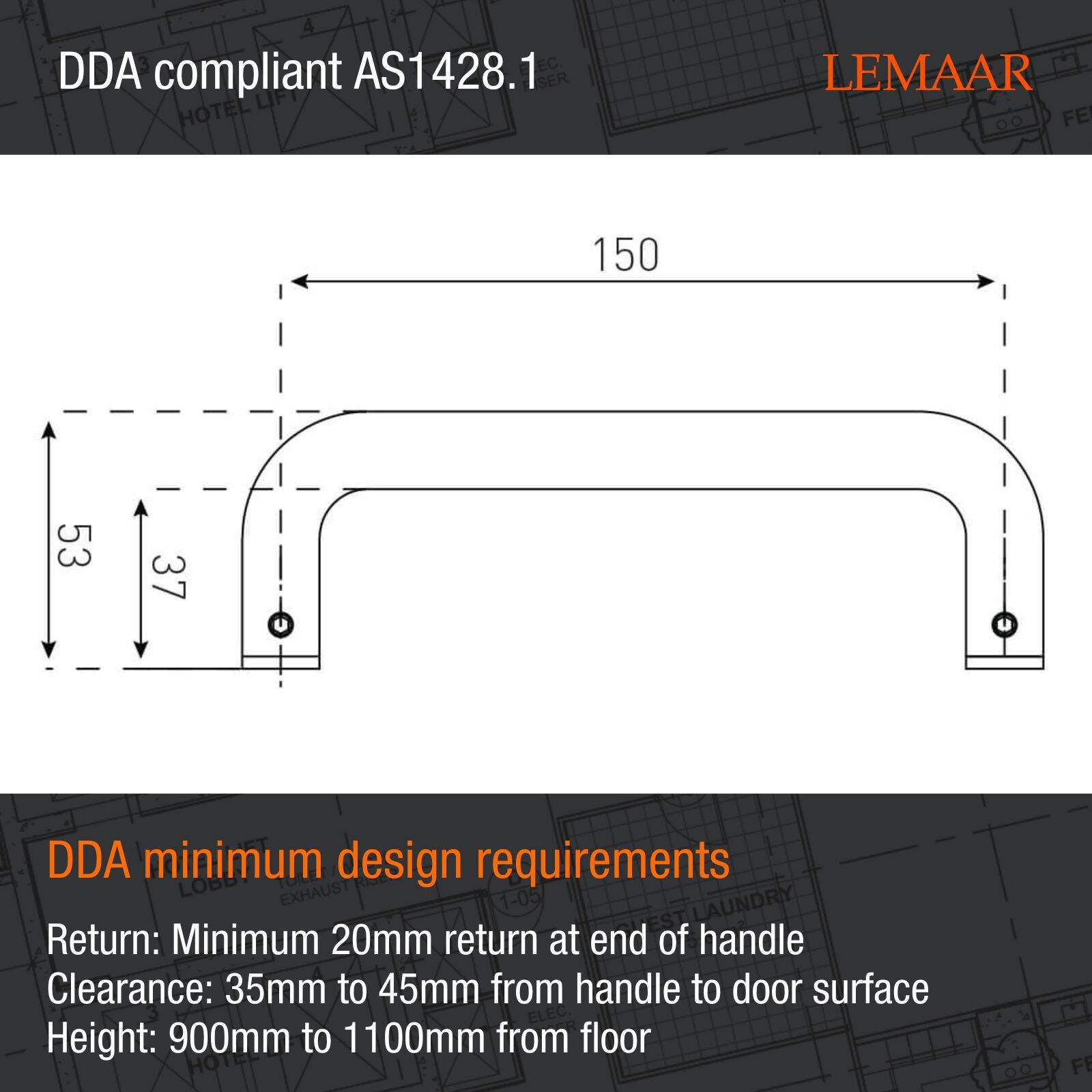 Lemaar D Pull Handle 150 x 16mm DDA Satin 304 Stainless Steel, Indoor Outdoor