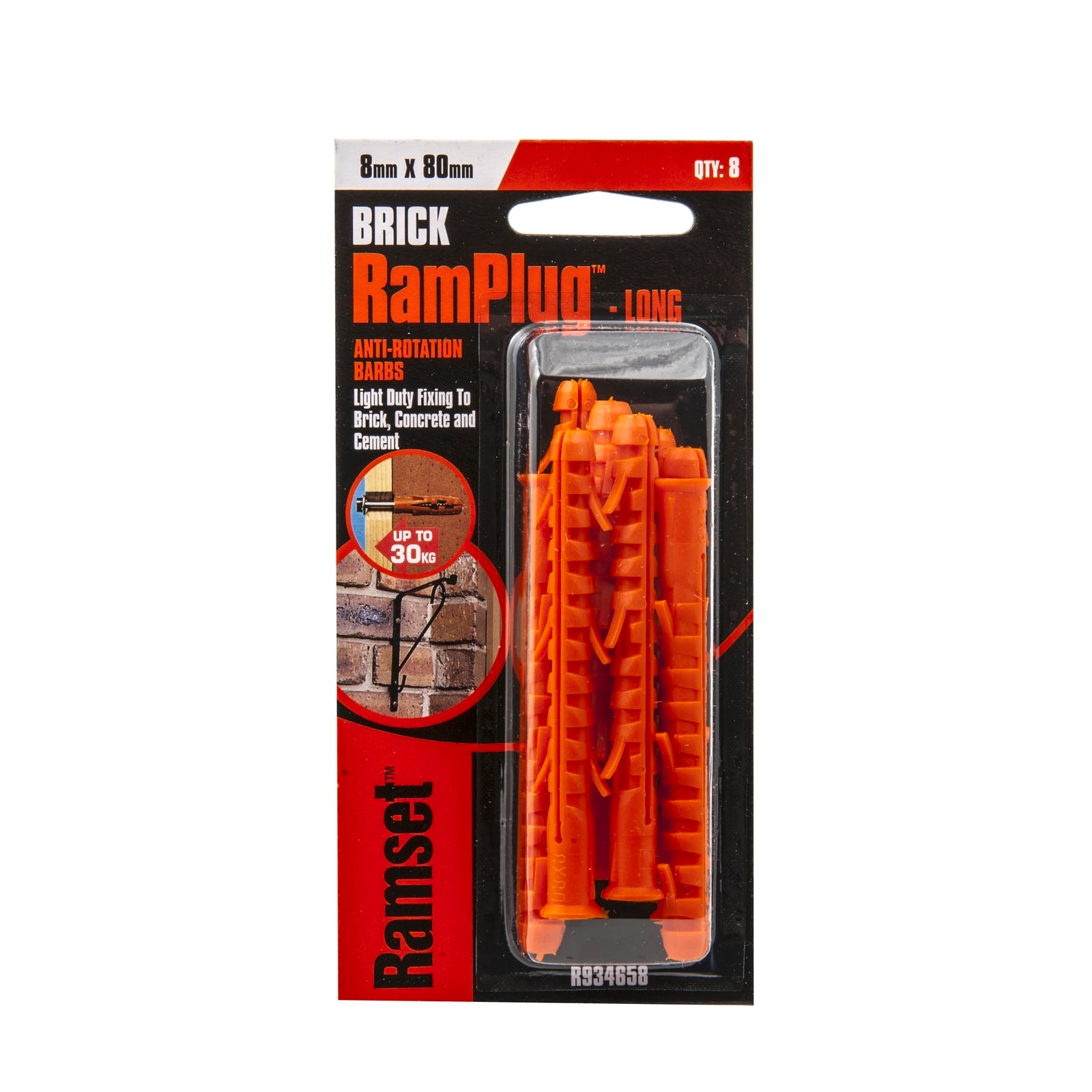 Ramset 8 x 80mm Long RamPlug Nylon Wall Anchor, Orange - 8 Pack