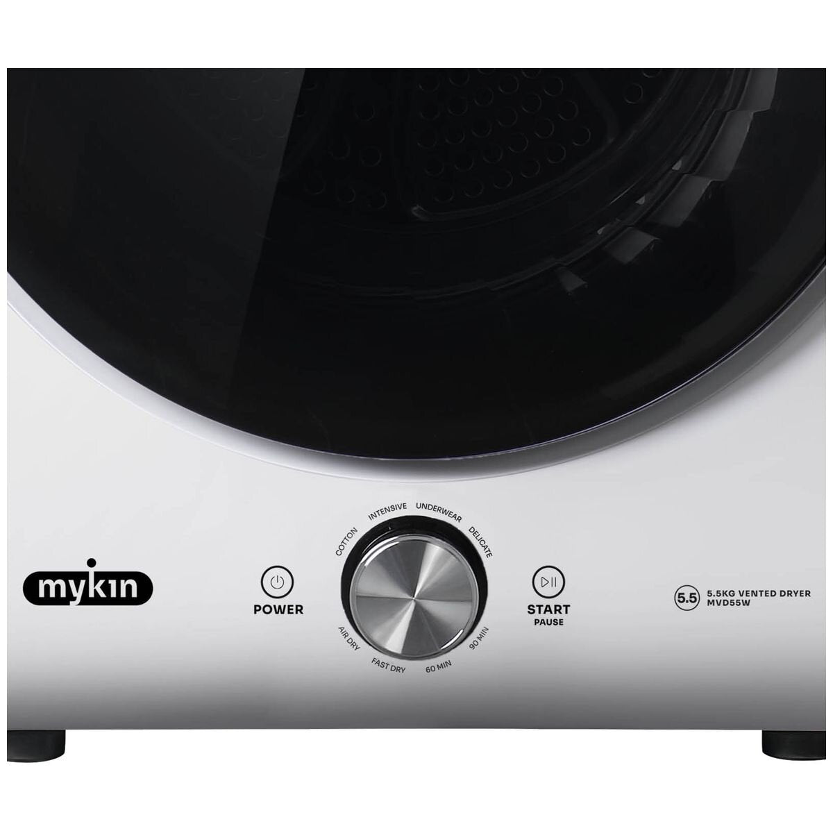 Mykin 5.5kg Vented Dryer - Sensor Drying, 8 Programs, Reverse Tumble, Wall Mountable, White - MVD55W