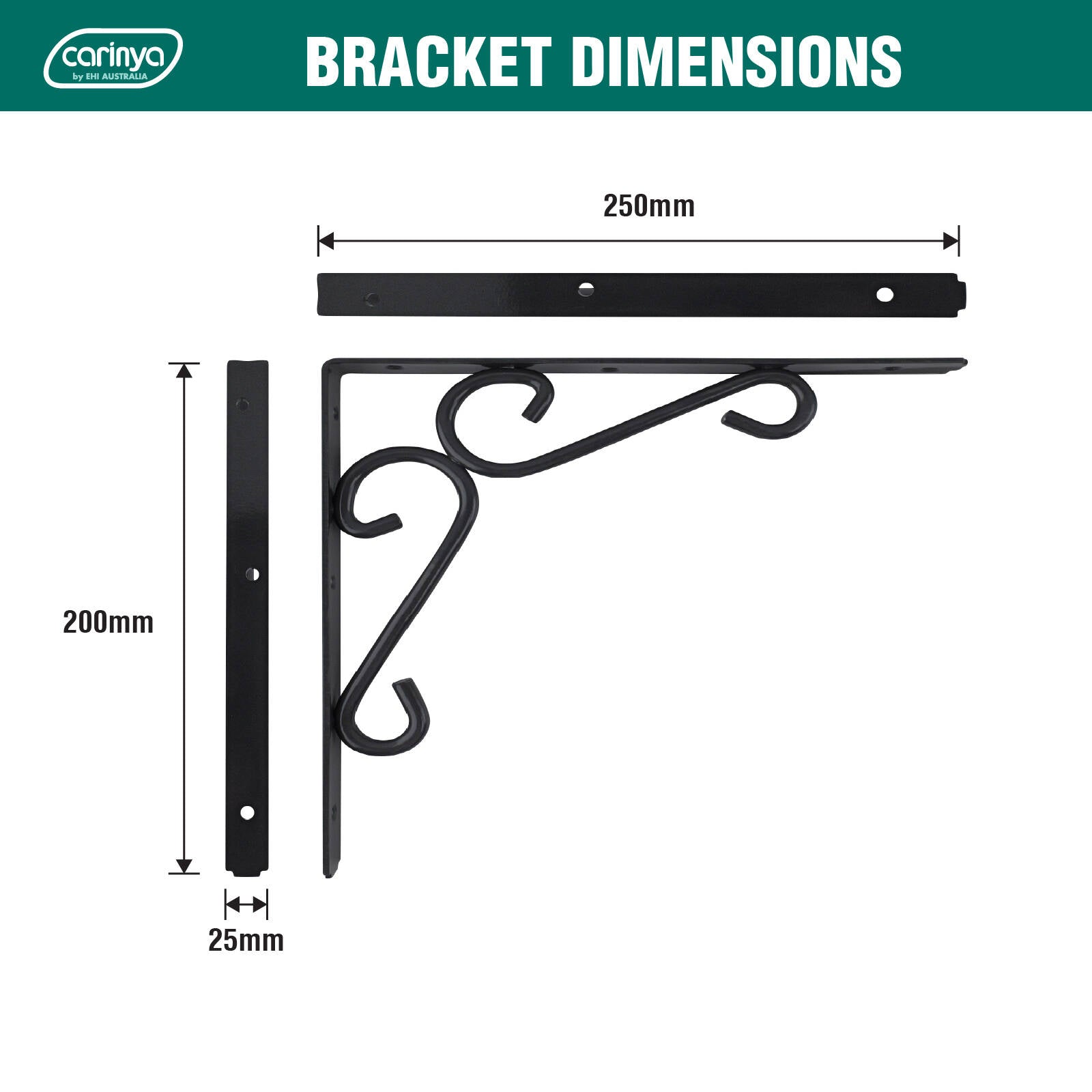 Carinya 250 x 200mm Dark Grey Powder Coated Steel Heavy Duty Scroll Stay Bracket, 200kg