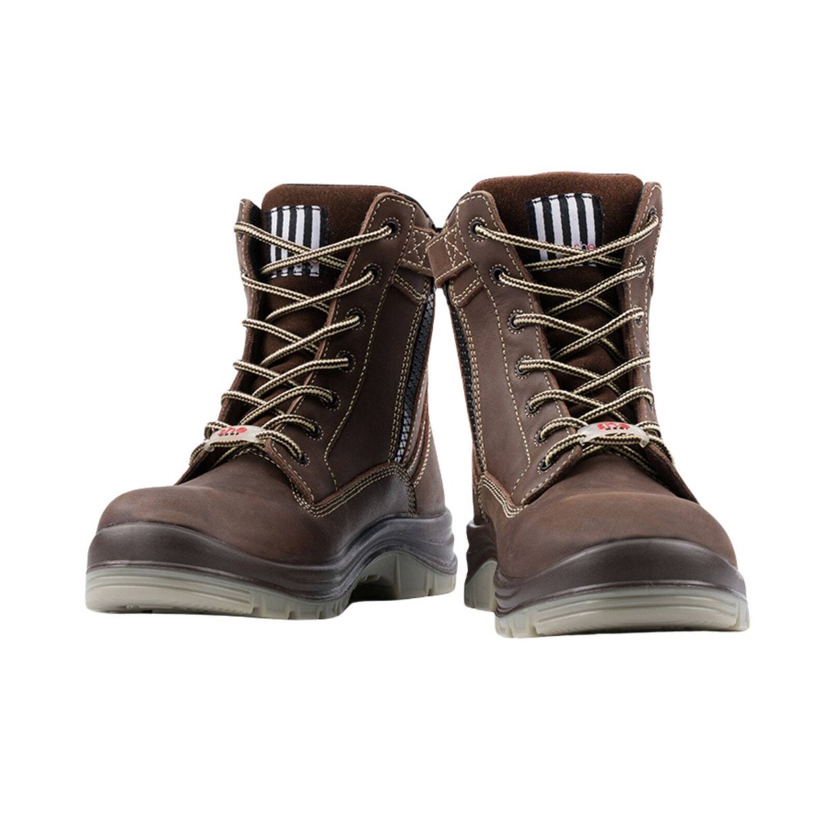 she wear Pursues Women's Safety Work Boots, Zip, Crazy Horse Leather, Composite Toe, Brown Size 10
