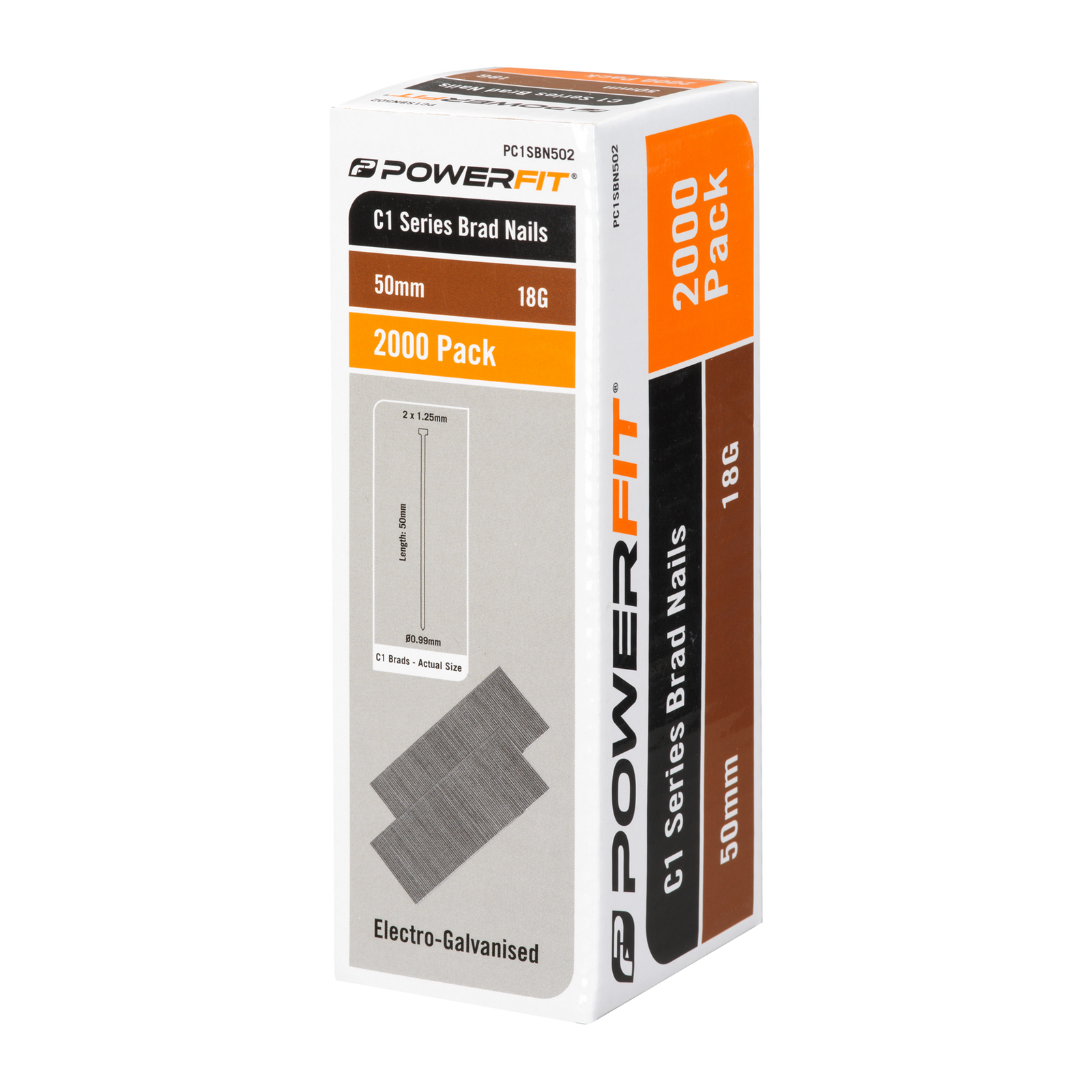 PowerFit 50mm 18 Gauge C1 Series Electro-Galvanised Brad Nails - 2000 Pack