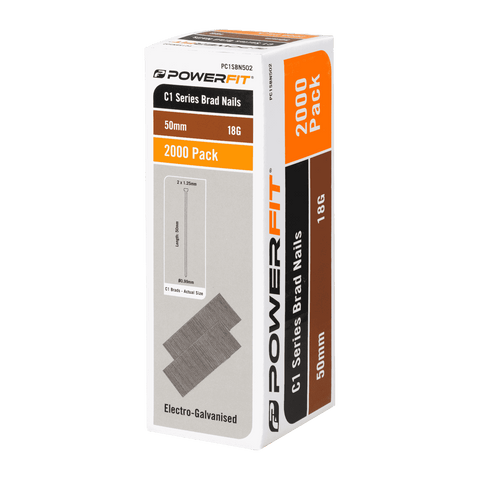 PowerFit 50mm 18 Gauge C1 Series Electro-Galvanised Brad Nails - 2000 Pack