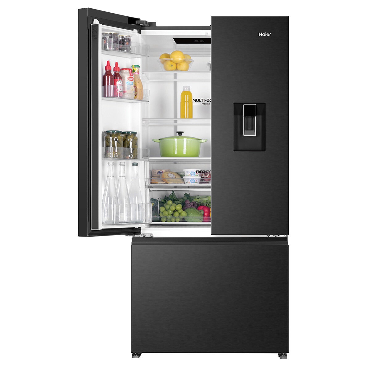 Haier 509L French Door Fridge - Black - Non-Plumbed Water Dispenser - 5 Star Energy - HRF510FHC