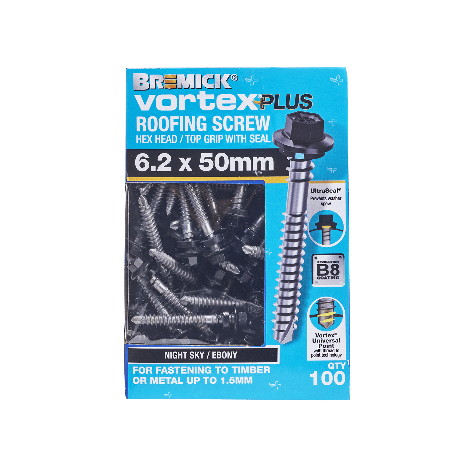 Bremick 6.2 x 50mm Vortex Plus Roofing Screw with Seal, Ebony Hex Head - 100 Box