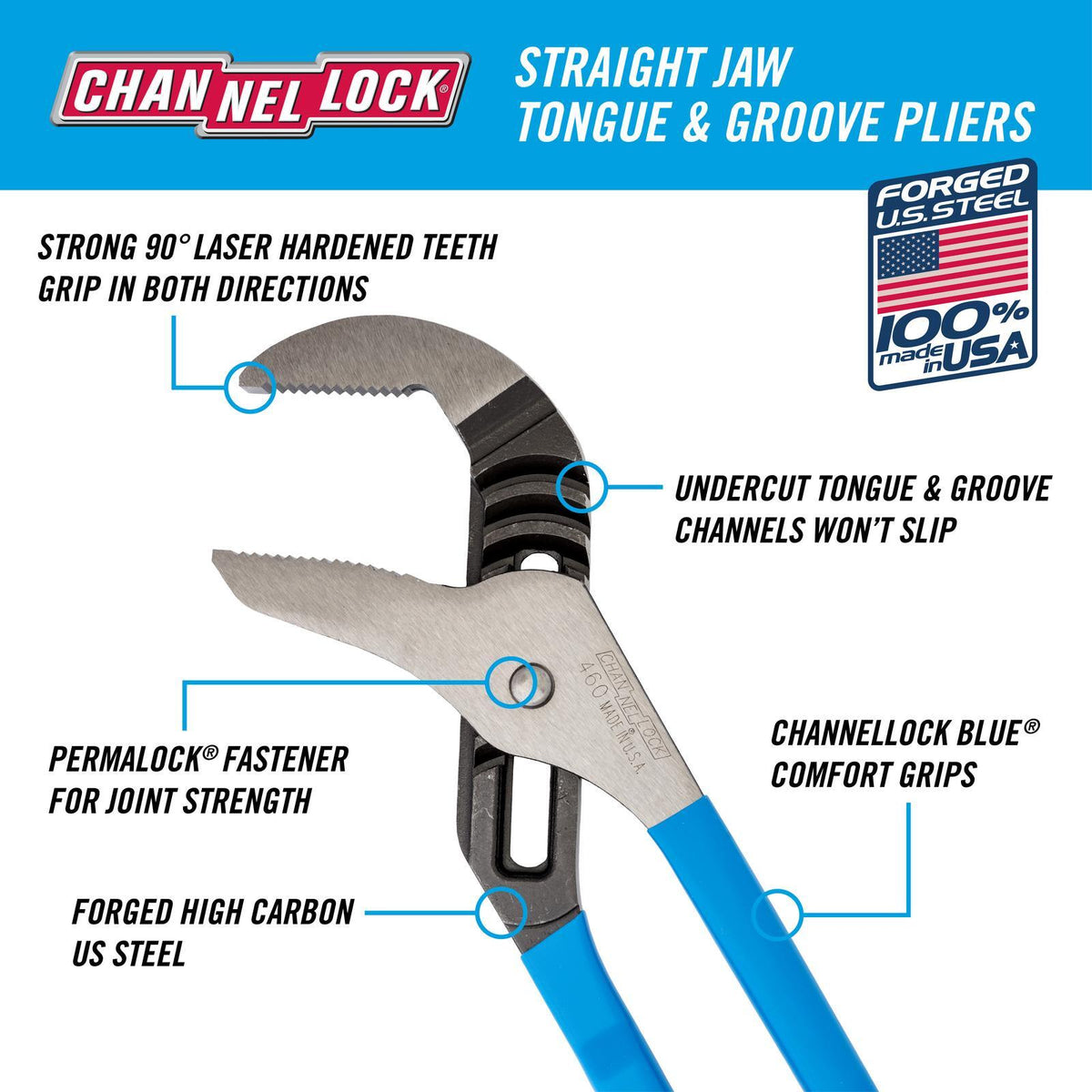 Channellock 406mm Tongue and Groove Straight Jaw Pliers Steel 108mm Jaw