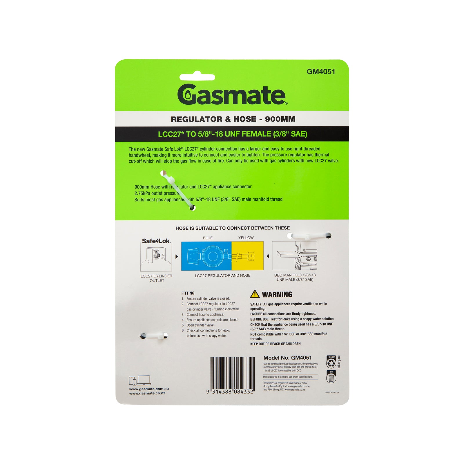 Gasmate Regulator & Hose 900mm LCC27 to 5/8" UNF (3/8" SAE)