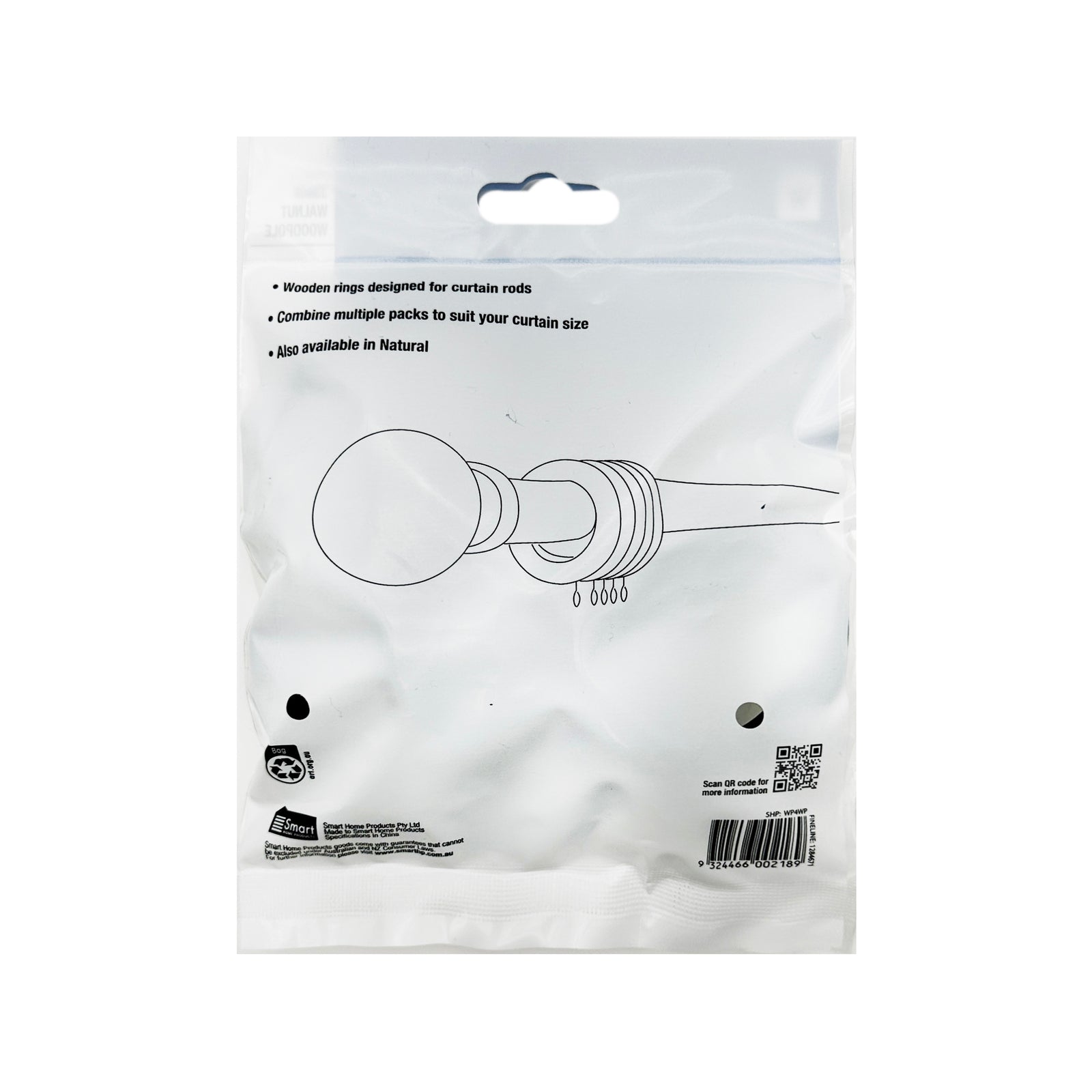 Windoware Walnut Timber Curtain Wood Pole Rings - 5 Pack