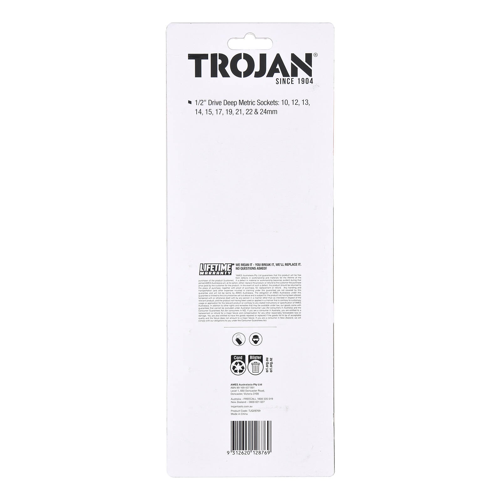 Trojan 10 Piece 1/2" Drive Deep Socket Rail Set 10mm-24mm, Chrome Vanadium